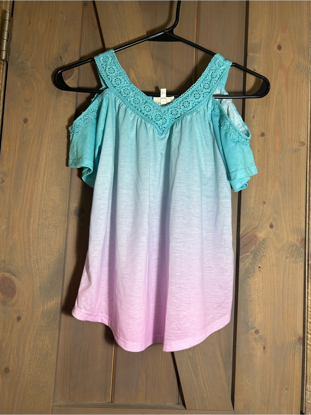 Self Esteem Aqua to Pink Ombre Cold-Shoulder Tank with Lace Yoke